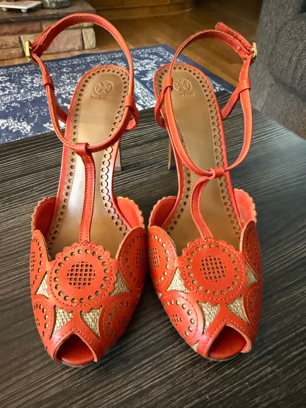Tory Burch Orange Leather and Jute Cutout T-Strap Heels Sz. 10